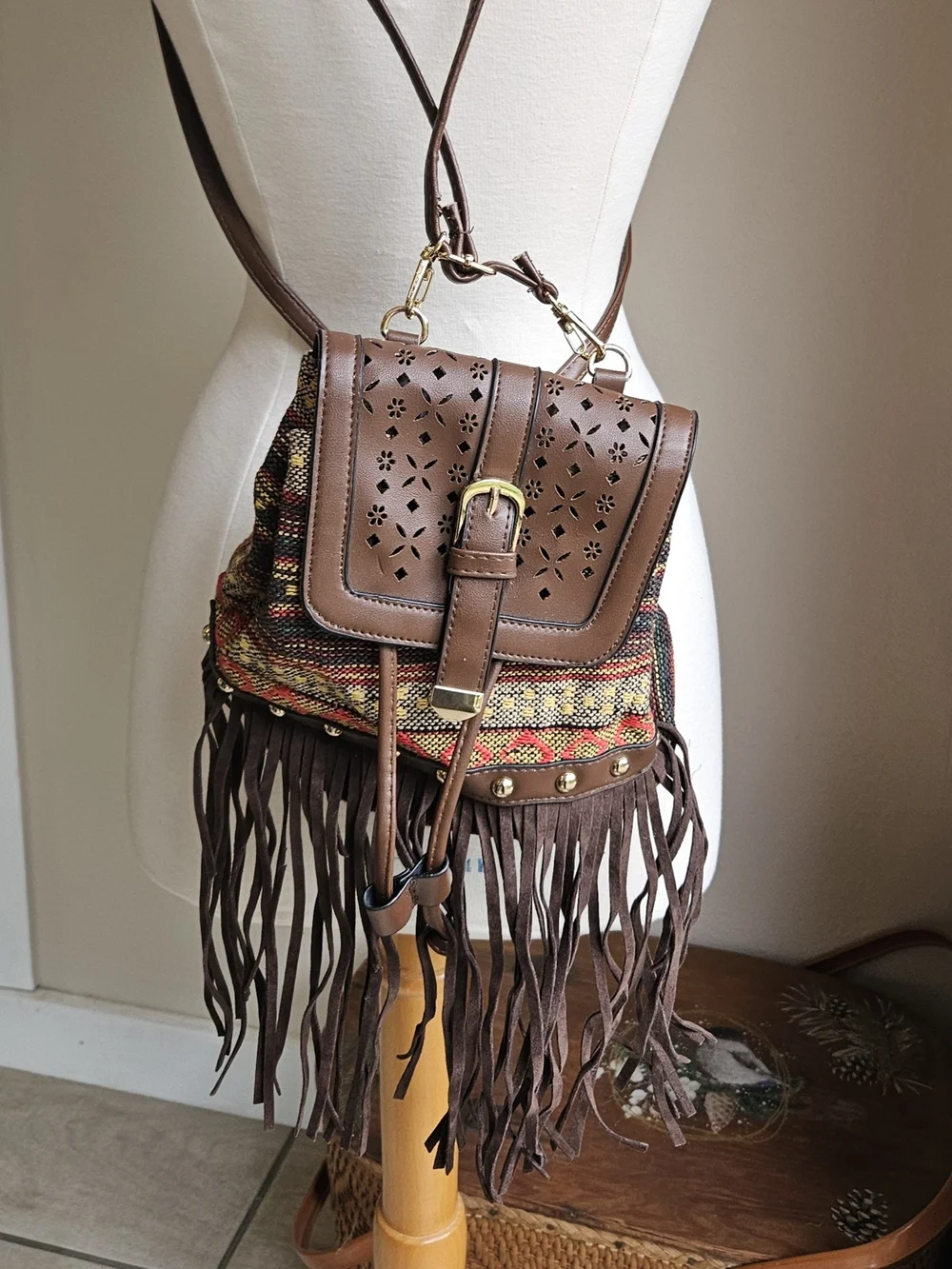 Fringed Brown Multi-Color Woven Crossbody Bag